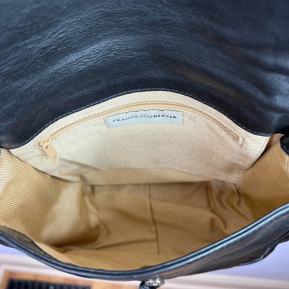 Francesco Biasia Black Tan Leather Shoulder Bag Purse Tassel Fold Over Small - Picture 6 of 7